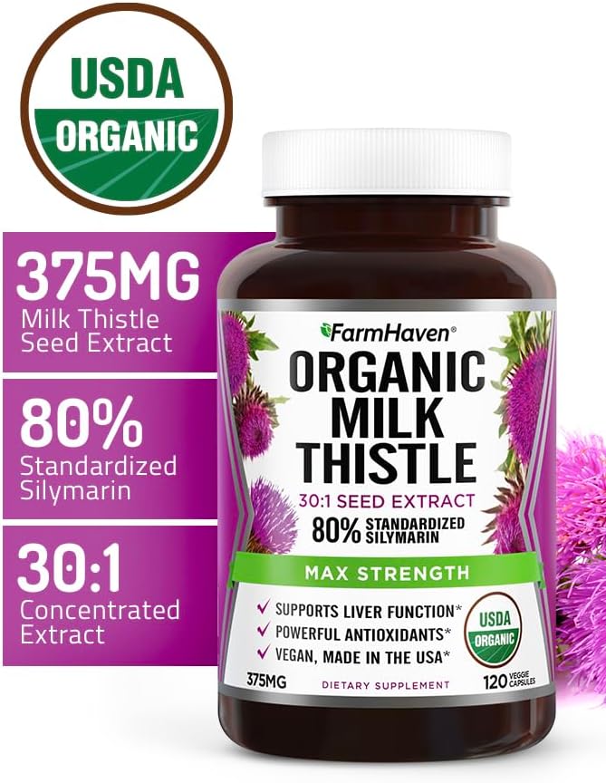 FarmHaven USDA Organic Milk Thistle Capsules |30X Concentrated 80% Silymarin 120 Veggie