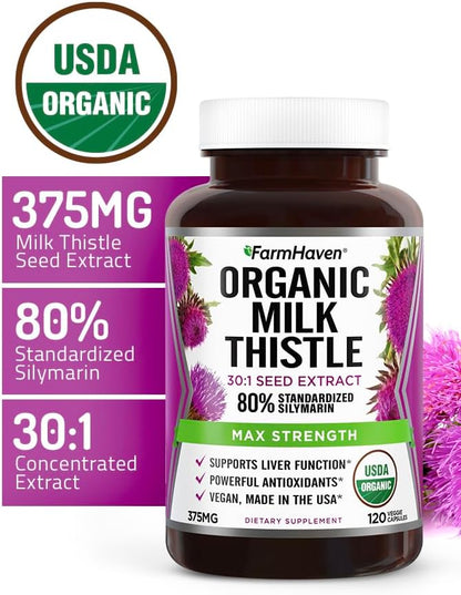 FarmHaven USDA Organic Milk Thistle Capsules |30X Concentrated 80% Silymarin 120 Veggie