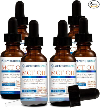 Approved Science® MCT Oil - Pure Medium-Chain Triglyceride (MCT) Oil derived from Coconuts with Caprylic Acid (C8) and Capric Acid (C10) - Vegan, 60 ml - Pack of 6