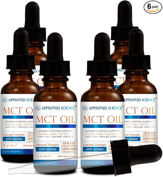 Approved Science® MCT Oil - Pure Medium-Chain Triglyceride (MCT) Oil derived from Coconuts with Caprylic Acid (C8) and Capric Acid (C10) - Vegan, 60 ml - Pack of 6