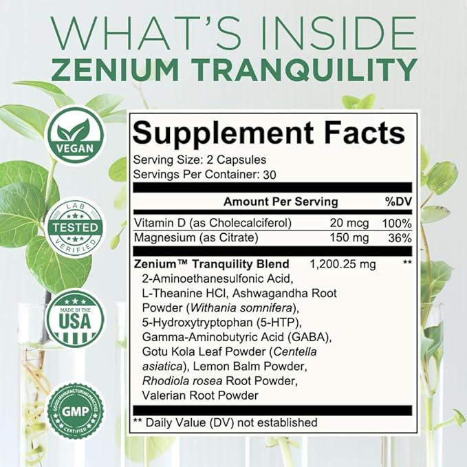 Zenium - Relieve Stress, Tension, Worry, Nervousness, & Irritability | Calm The Mind & Body | Ayurvedic | Natural Relief Supplement | Boosts Mood | Ashwagandha, L-Theanine, GABA, Rhodiola |60 Capsules