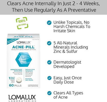 Acne Pill -Natural Skin Clearing Minerals Like Zinc & Sulfur, Dermatologist Developed, Clears & Prevents All Types of Face & Body Acne - NO Harsh Chemicals Like Topical Acne Treatments