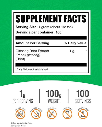 BulkSupplements.com Ginseng Root Extract Powder - Ginseng Supplement, Ginseng Herbal Supplements, Panax Ginseng - Vegan & Gluten Free, 1000mg per Serving, 100g (3.5 oz) (Pack of 1)