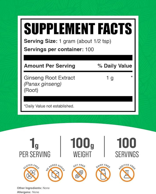 BulkSupplements.com Ginseng Root Extract Powder - Ginseng Supplement, Ginseng Herbal Supplements, Panax Ginseng - Vegan & Gluten Free, 1000mg per Serving, 100g (3.5 oz) (Pack of 1)