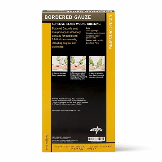 Medline Sterile Bordered Gauze, 4" x 8" with 2" x 6" Pad 15)
