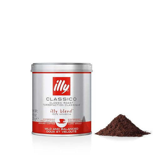 illy Ground Coffee Espresso - 100% Arabica Coffee Ground – Classico Medium Roast - Notes of Caramel, Orange Blossom & Jasmine - Rich Aromatic Profile - Precise Roast - No Preservatives – 4.4 Ounce