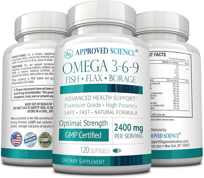 Approved Science Omega 3-6-9-2400mg Daily Blend 120 Softgels 2 Month