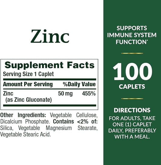 Nature's Bounty Zinc 50 mg Caplets, Unflavored, 100 Count, Pack of 2