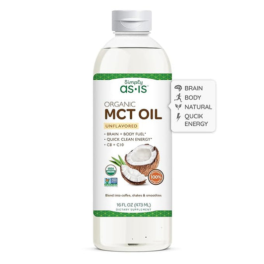 Simply as-is | Organic MCT Oil C8 & C10 | Unflavored | 100% from Non-GMO Coconuts | Perfect for Morning Coffee | Quick Clean Energy | 16 fl oz