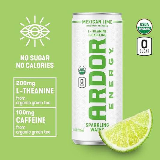 ARDOR ENERGY Sparkling Water Mexican Lime 12 pack with 100mg Organic Caffeine from Green Tea & 200mg Organic L-Theanine (Focus & Calm). No Sugar. No Calories. Vegan. Gluten Free.