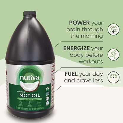 Nutiva Organic MCT Oil, 1 gallon, Unflavored for Coffee, Non-GMO made from Organic Coconuts, Keto Friendly, Best Oil Wellness Ketosis Supplement, 14g of C8 & C10 per serving