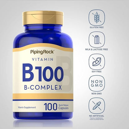 Piping Rock Vitamin B-100 Complex 100 Capsules B12, B1, B1, B2, B2, B6 B6 |
