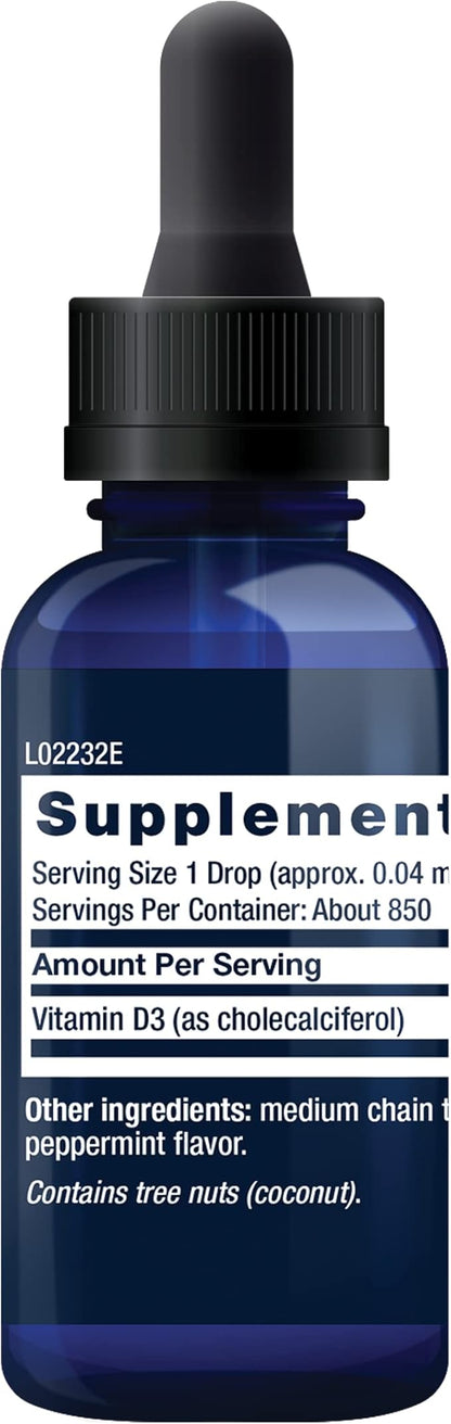 Life Extension Liquid Vitamin D3 (Mint), 50 mcg (2000 IU), Immune System Support, Bone Health, Whole-Body Health, Tasty Peppermint Flavor, Gluten Free, Non-GMO, 29.57 ml