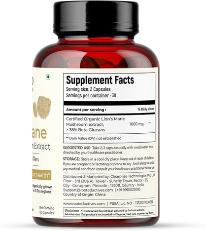 ROOTED Lions Mane Mushroom Extract Capsules (60 Veg 500 mg) 38% Beta