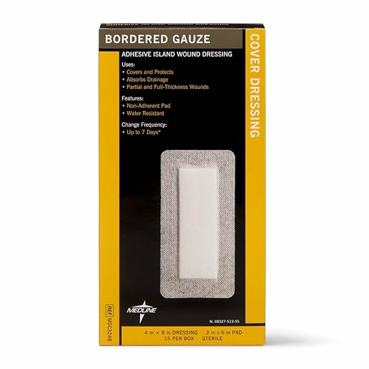 Medline Sterile Bordered Gauze, 4" x 8" with 2" x 6" Pad 15)