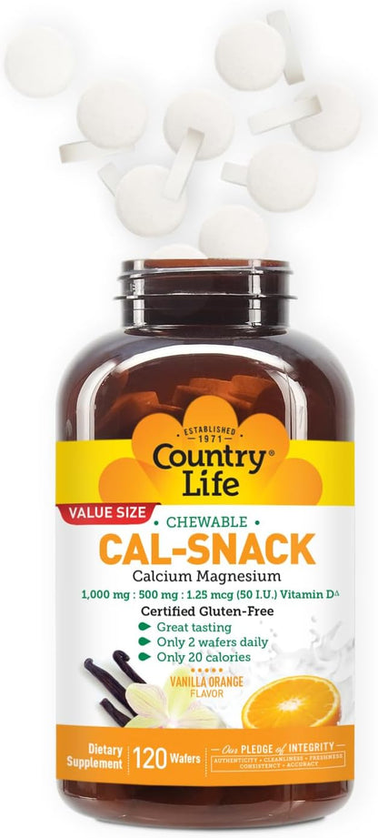 Country Life Cal-Snack - Chewable Calcium Magnesium Supplement wafers with Vitamin D3, Easy to Digest, Vanilla Orange Flavor, Dietary Supplement