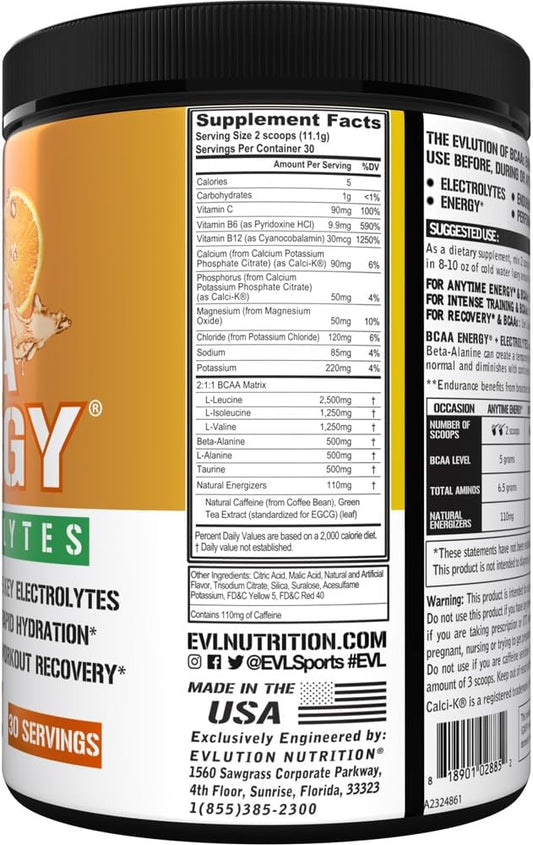 EVL BCAAs Amino Acids Powder - BCAA Energy Pre Workout Powder for Muscle Recovery Lean Growth and Endurance - Rehydrating BCAA Powder Post Workout Recovery Drink with 6 Key Electrolytes - Orange Mango