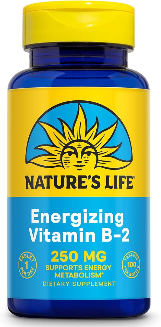 Natures Life Vitamin B-2 250 mg - Vitamin B2 Energy Pills for Metabolism Support - High-Potency Riboflavin Plus Calcium Supplement - One Per Day - 100 Servings, 100 Tablets
