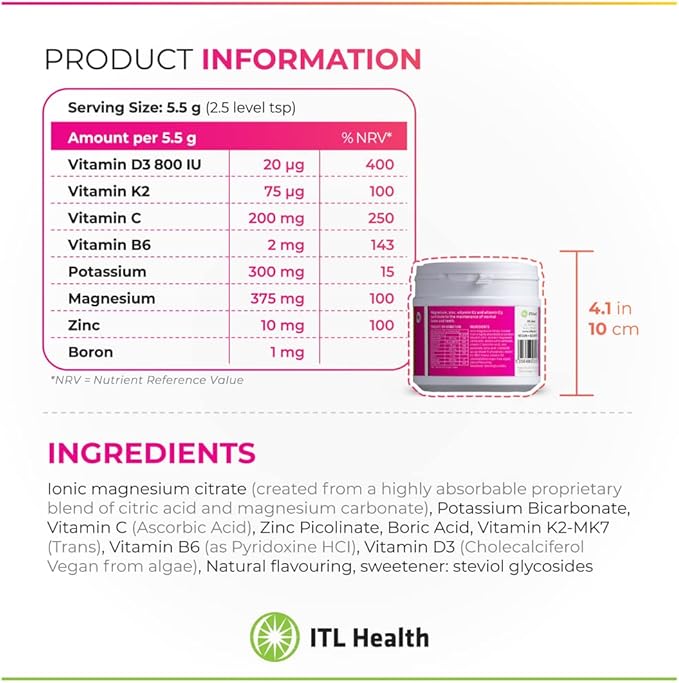 MAG365 Magnesium | ITL Health | B6, D3, D3, K2 K2 | 180g Powder