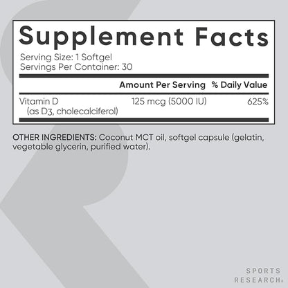 Sports Research Vitamin D3 5000 IU with Coconut MCT Oil - High Potency Vitamin D Supplement for Immune & Bone Support - Non-GMO Verified, Gluten & Soy Free – 125mcg, 30 Liquid Softgels