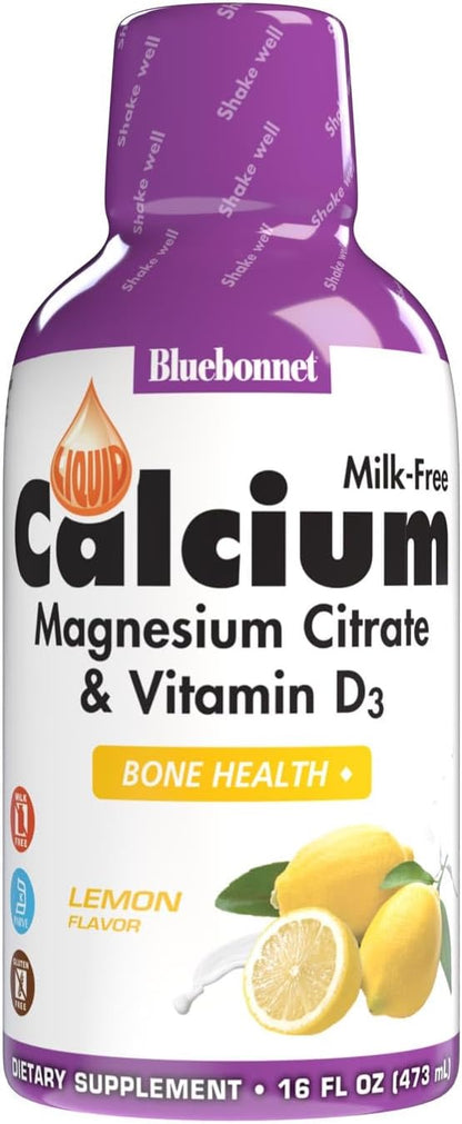 Bluebonnet Nutrition Liquid Calcium Citrate Magnesium Citrate, Vitamin D3, Bone Health, Gluten Free, Soy free, milk free, kosher, 32 Servings, Lemon Flavor, 16 Fl Oz (Pack of 1)