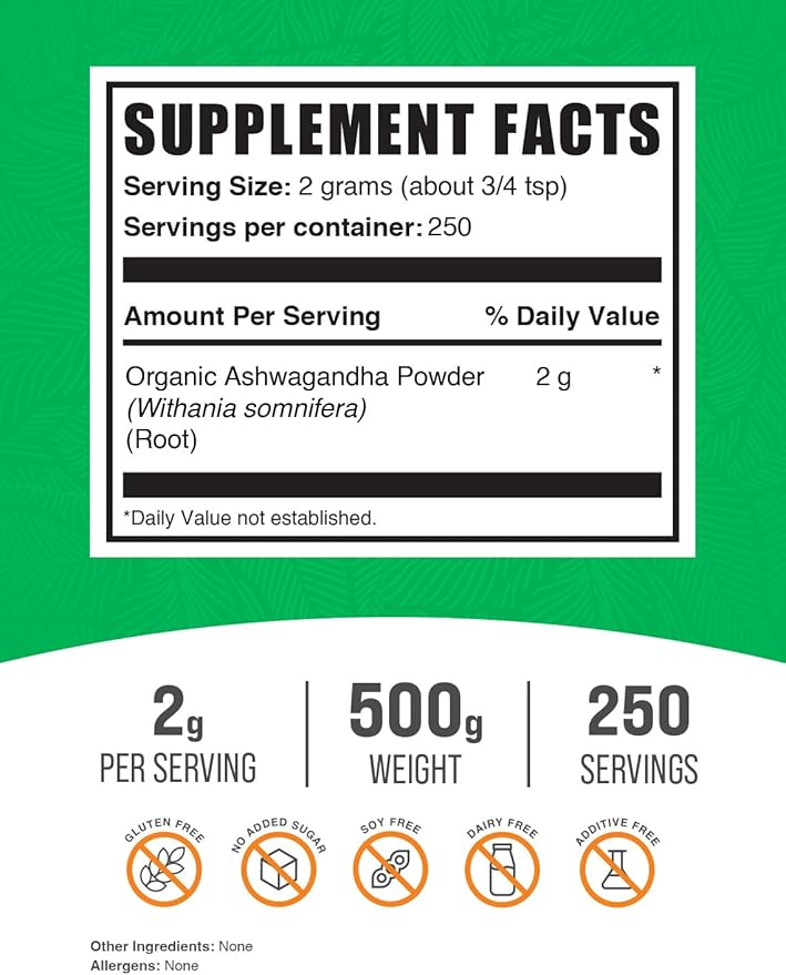 BulkSupplements.com Organic Ashwagandha Powder 2g per 500g (1.1 (1.1 lbs) 1)