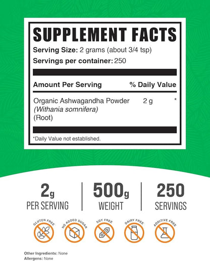 BulkSupplements.com Organic Ashwagandha Powder 2g per 500g (1.1 (1.1 lbs) 1)