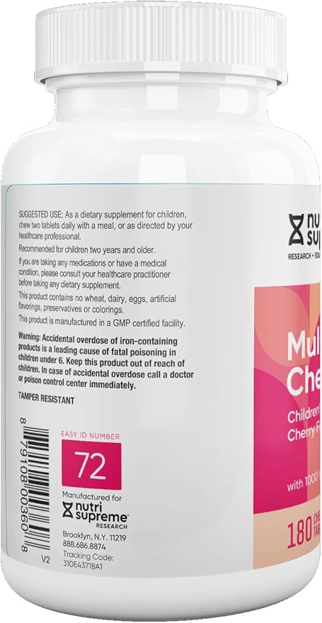 Delicious Kids Multivitamin, 180 Vegetarian Chews – Complete Children’s Supplement with Essential Vitamins and Minerals - Vitamin A, B, C, D3, Calcium, Iron, Folic Acid, Zinc – Cherry Flavor