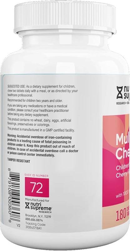 Delicious Kids Multivitamin, 180 Vegetarian Chews – Complete Children’s Supplement with Essential Vitamins and Minerals - Vitamin A, B, C, D3, Calcium, Iron, Folic Acid, Zinc – Cherry Flavor