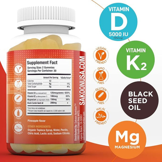 Sakoon nutrition 5000 IU Vitamin D3 K2 Vitamin Supplement with Black Seed Oil for Bone, Teeth, Muscle, and Immune Defense Support, Non-GMO and Gluten Free, 60 Gummy Chewables