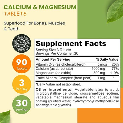 Halal Calcium Magnesium Supplement w/Vitamin D3 1,000 mg, 500mg | 30 Servings,