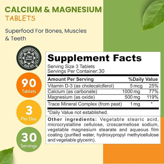 Halal Calcium Magnesium Supplement w/Vitamin D3 1,000 mg, 500mg | 30 Servings,