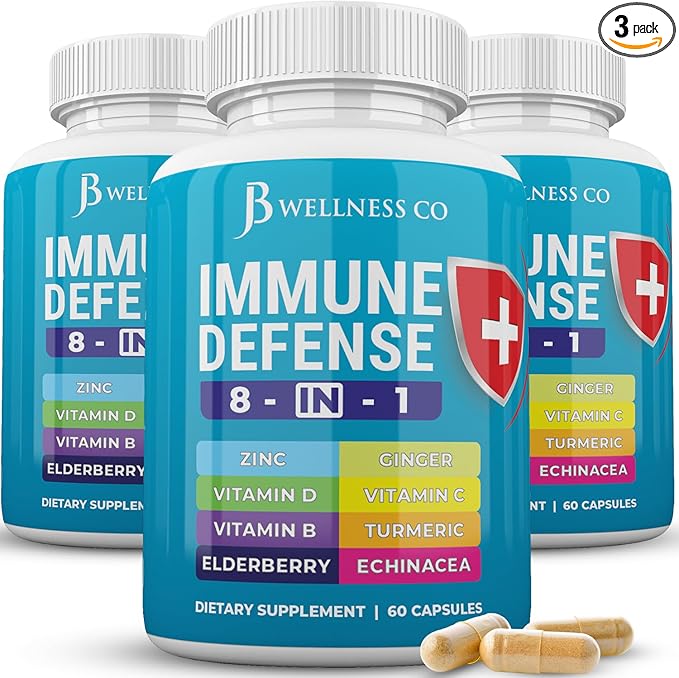 Immune Support 8 in 1 Capsules - Zinc Supplement, Vitamin D3 5000 IU, Vitamin C 1000MG and Elderberry - Immune Booster Supplement with Echinacea, Ginger Root, and Turmeric - [3-Pack, 180 Count]