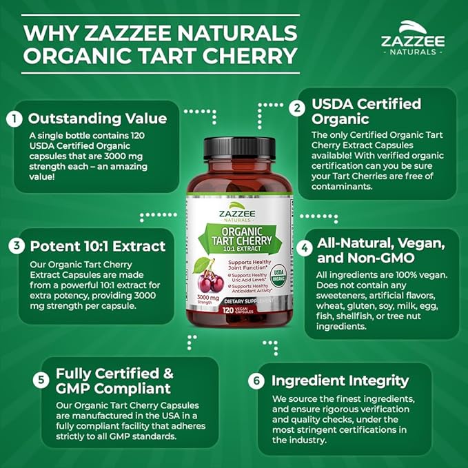Zazzee USDA Organic Tart Cherry 10:1 3000 mg 120 Vegan 4 Month 10X Extract, 100% Vegetarian,