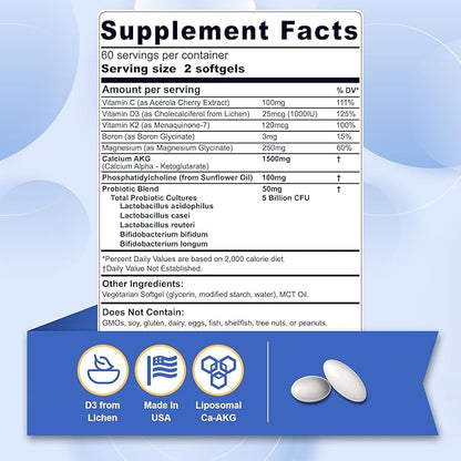 Liposomal Calcium AKG Supplement 1500mg with Vitamin D3 & K2 Softgels for Women & Men, Calcium Supplement with Magnesium Glycinate, Boron, Probiotics & Vitamin C for Bone Health & Energy - 120Cts