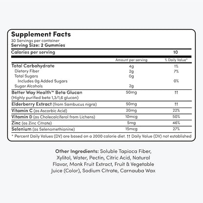 Kids Gummies with Beta Glucan, Elderberry, Vitamin C, D3, Zinc - Non-GMO, Vegan, Sugar Free - Mixed Berry Flavor - 60 Gummies