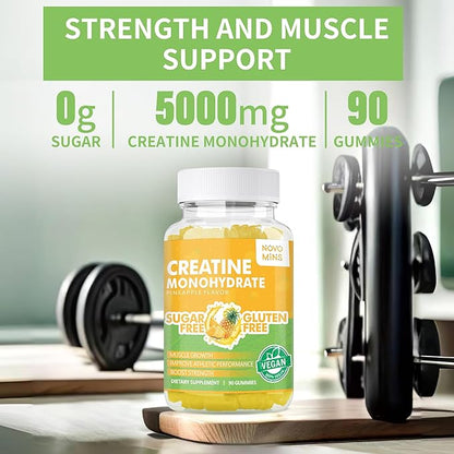 Creatine Monohydrate Gummies 5000mg for Men & Women, Chewables Creatine Monohydrate for Muscle Strength, Muscle Builder, Energy Boost, Pre-Workout Supplement(90 Count)-Pineapple Flavor.
