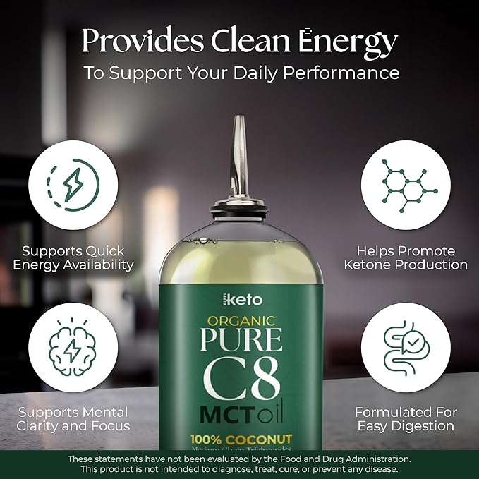 Keppi Keto Organic MCT Oil - Flavorless C8, Non-GMO, Certified Gluten-Free, Palm Oil Free, Vegan, Kosher, Halal, 16 oz Coconut Oil