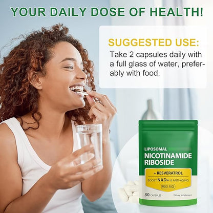 NAD Supplement, 900mg - Liposomal Nicotinamide Riboside NAD+ Supplement with Resveratrol Supports Muscle, Brain, Cellular Energy - NMN Supplement Alternative for Men and Women, 80 Capsules (Pack of 1)