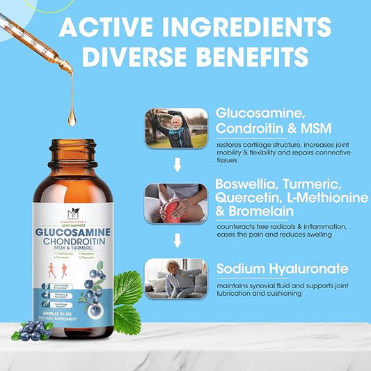 Glucosamine Chondroitin Liquid Drops with MSM Turmeric Boswellia Quercetin Bromelain-Vegan, Antioxidant Support for Back,Knee,Hands-Joint Support Supplement Healthy Joints, Mobility Cartilage
