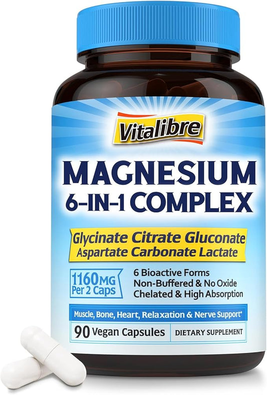 Magnesium Complex Supplement 1160mg for Sleep, Nerve & Muscle, 6 Forms of Max Absorption Magnesium Glycinate, Citrate, Aspartate, Gluconate, Carbonate & Lactate, (No Magnesium Oxide), 90 Vegan Caps