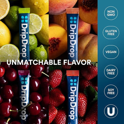 DripDrop Hydration - Sunburst Variety Pack - Electrolyte Drink Mix Single Serve Powder Packets - Lemon Lime, Strawberry, Peach, Black Cherry | Non-GMO, Gluten Free, Vegan | 32 Sticks