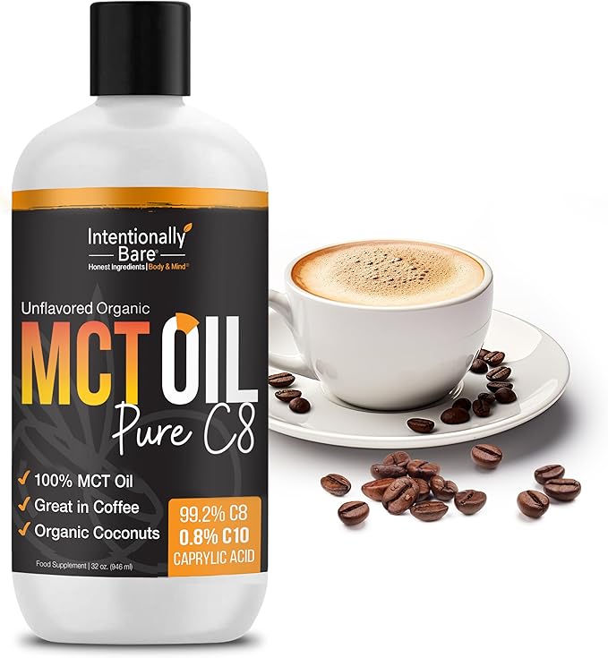 Intentionally Bare Pure C8 MCT Oil Organic - Brain Octane C8 MCT Oil for Keto Paleo & Vegan Diet - Unflavored MCT Oil C8 for Bulletproof Coffee Shakes & Salads - 100% Pure MCT Oil 32 oz