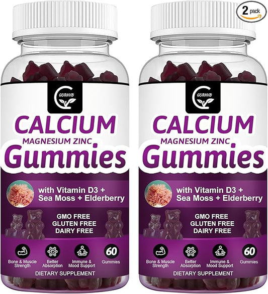 Calcium Magnesium Zinc Gummies with High 2:1 Ratio, D3 Sea Vegan-2 Pack