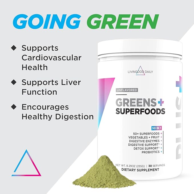 Livingood Daily Greens Superfood Powder (Unflavored) - Super Greens Powder for Gut Health - Green Juice Powder Supplement with Spirulina, Chlorella, Enzymes, & Probiotics for Liver & Digestive Support