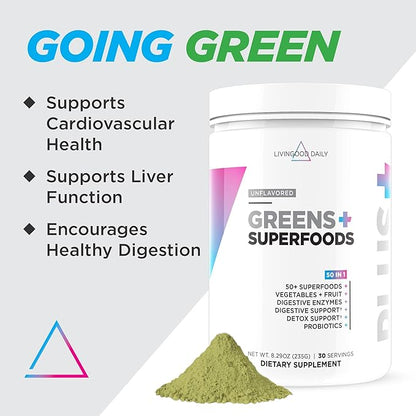 Livingood Daily Greens Superfood Powder (Unflavored) - Super Greens Powder for Gut Health - Green Juice Powder Supplement with Spirulina, Chlorella, Enzymes, & Probiotics for Liver & Digestive Support