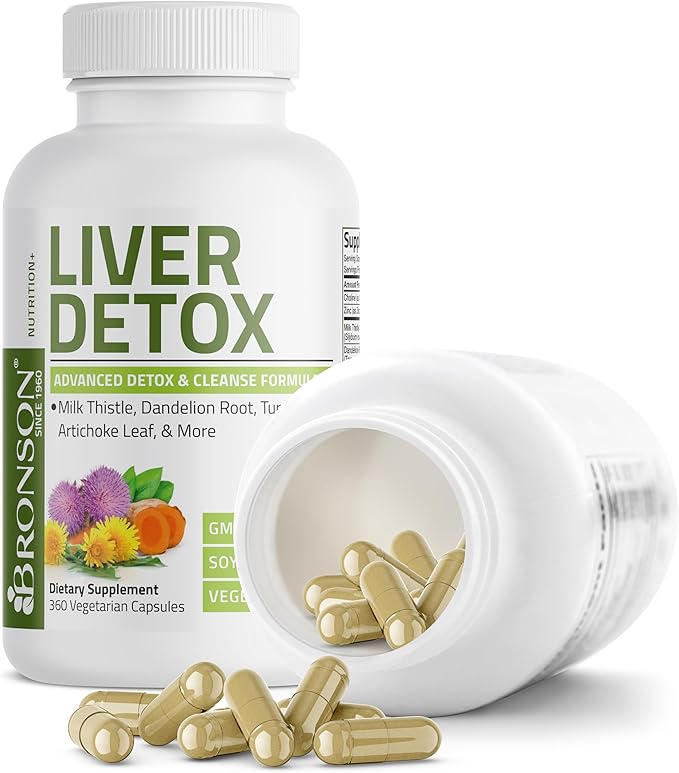 Bronson Liver Detox Advanced Detox & Cleansing Formula Supports Health Liver Function with Milk Thistle, Dandelion Root, Turmeric, Artichoke Leaf & More, Non-GMO, 360 Vegetarian Capsules