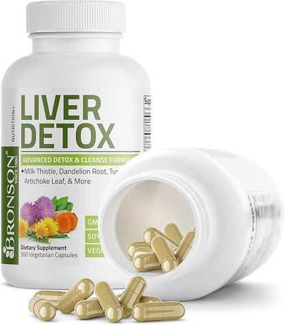 Bronson Liver Detox Advanced Detox & Cleansing Formula Supports Health Liver Function with Milk Thistle, Dandelion Root, Turmeric, Artichoke Leaf & More, Non-GMO, 360 Vegetarian Capsules