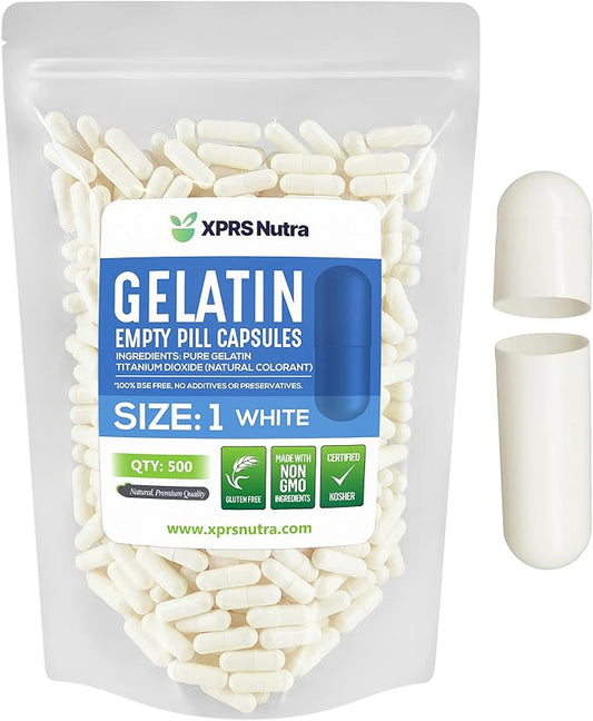 XPRS Nutra Size 1 Empty Capsules - 500 Count Empty Gelatin Capsules - Empty Pill Capsules - DIY Capsule Filling - Pure Bovine Pill Capsules Empty Gel Caps (White)