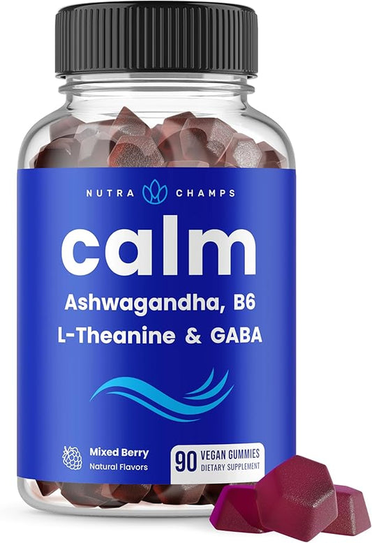 Calm Gummies | Stress Gummies Supplement with Ashwagandha, L-Theanine, GABA, Vitamin B6 & Lemon Balm | Supports Mood, Focus & Stress Relief | Vegan & Non-GMO | Natural Berry | 90 Gummies